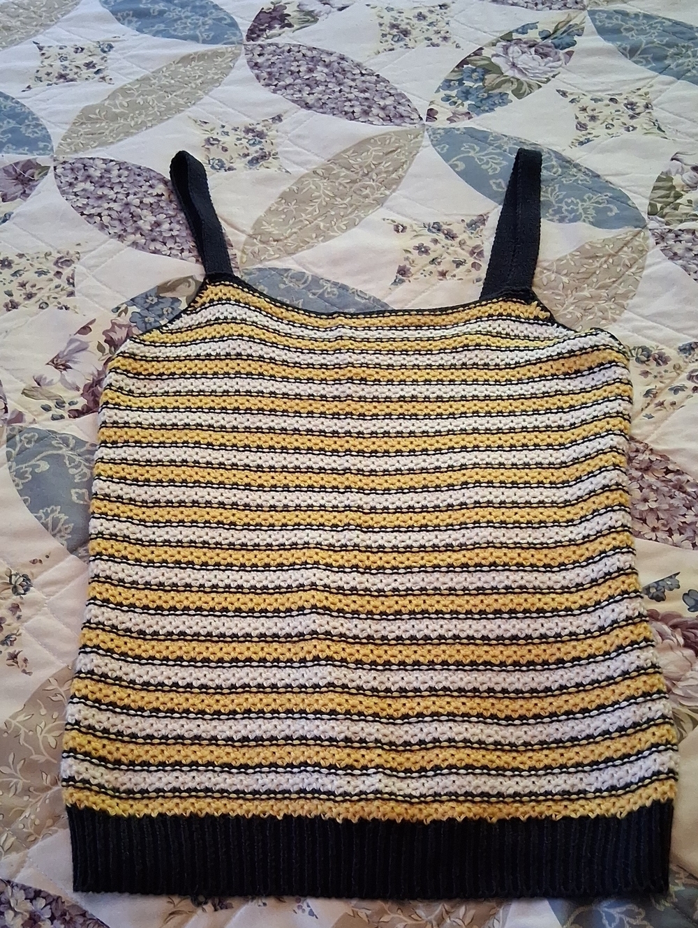 It's Our Time. Striped Crochet Tank Top in Yellow, White & Navy. Size Medium.